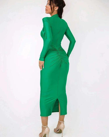 Ruched Maxi Dress with Hollow Out Long Sleeves and Metal Buckle