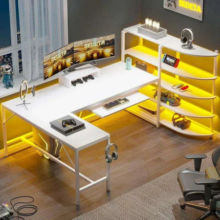 L-Shaped Gaming Desk with RGB Lighting and Versatile Storage Solutions