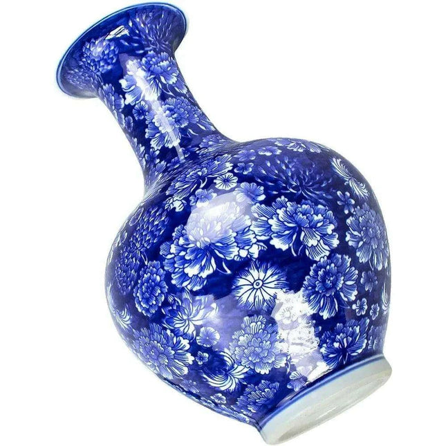 Handcrafted Blue and White Peony Porcelain Vase - Elegant Design with Optional Rotating Stand