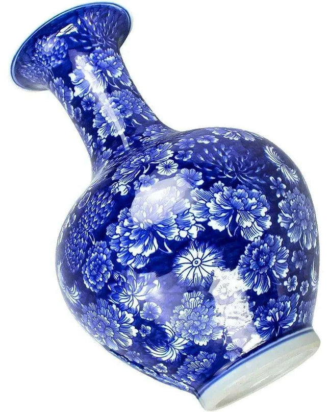 Handcrafted Blue and White Peony Porcelain Vase - Elegant Design with Optional Rotating Stand
