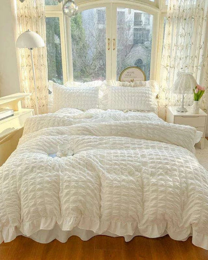 Luxe Korean Princess Lace Ruffle Bedding Ensemble with Duvet Cover, Bed Sheet, Skirt, and Pillowcases
