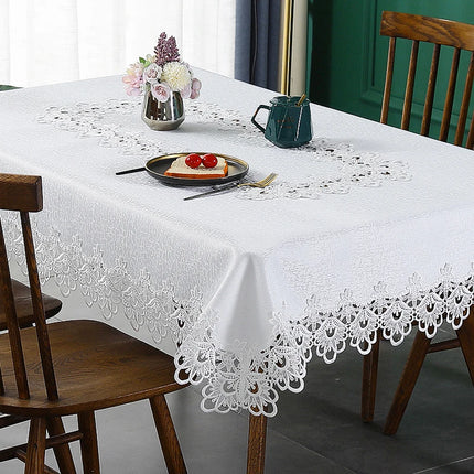 Battilo Lace Embroidery White Floral Rectangle Tablecloth Waterproof Oilproof