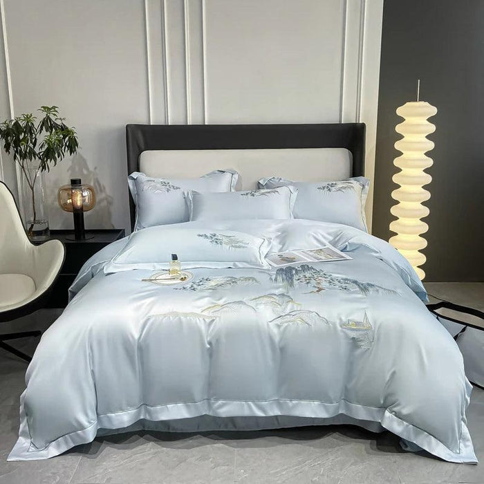 Elegant Chinese Landscape Embroidery Luxury Bedding Set - Silky Duvet Cover, Soft Quilt Cover, Bed Sheet & Pillowcases for 2024