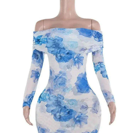 Chic Blue Floral Off-Shoulder Mini Dress for Women - Elegant Backless Long Sleeve High Waist Party Wear for Autumn