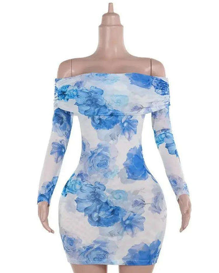 Chic Blue Floral Off-Shoulder Mini Dress for Women - Elegant Backless Long Sleeve High Waist Party Wear for Autumn