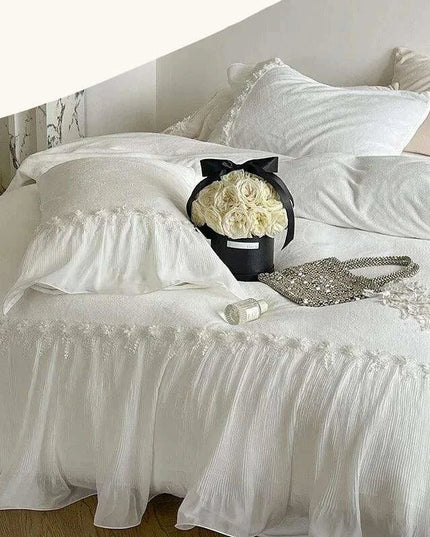 French Lace Ruffle Bedding Set with Velvet Duvet Cover and Floral Embroidery - 4-Piece Ensemble