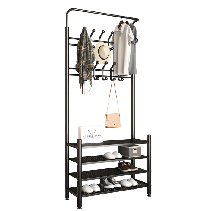 Modern Entryway Organizer with Hooks - Stylish Storage Solution for Shoes and Coats