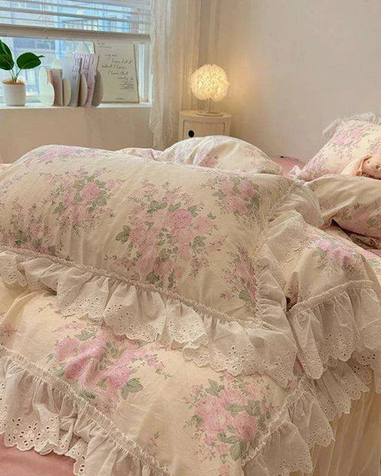 Elegant Floral Lace Ruffled Cotton Bedding Collection with Duvet Cover, Bed Skirt, Fitted Sheet, and Pillowcases