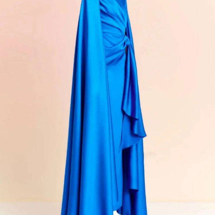 Chic Pleated Evening Dress with Bow Waist and Elegant Cape Sleeves - Summer Collection 35Z774