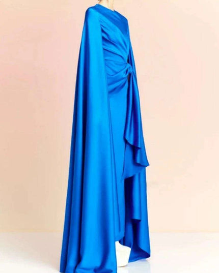 Chic Pleated Evening Dress with Bow Waist and Elegant Cape Sleeves - Summer Collection 35Z774