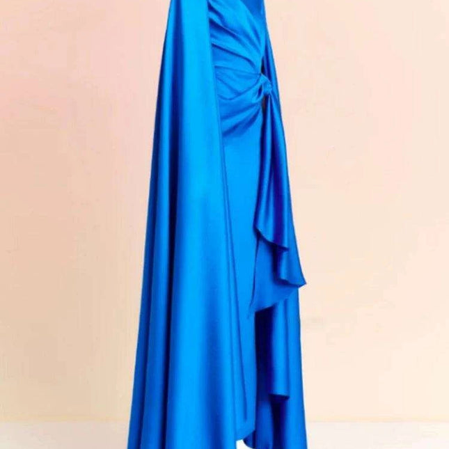 Chic Pleated Evening Dress with Bow Waist and Elegant Cape Sleeves - Summer Collection 35Z774