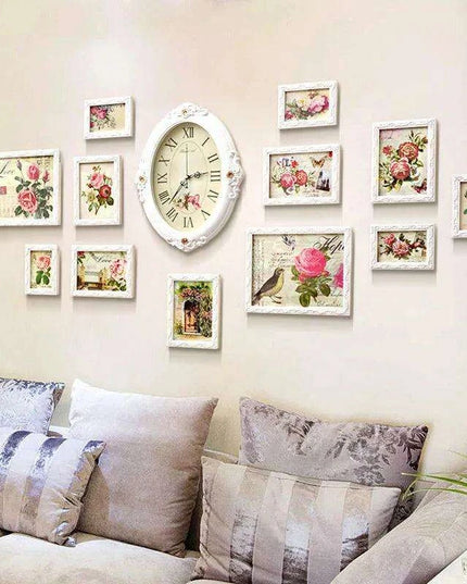 Elegant European-Inspired Wall Art Set with Clock and Picture Frames