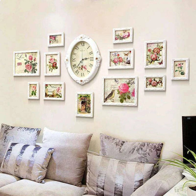 Elegant European-Inspired Wall Art Set with Clock and Picture Frames