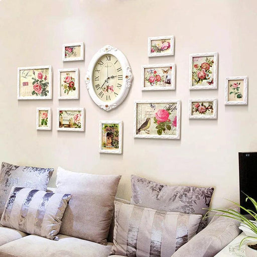 Elegant European Style White Wall Decor Set with Clock and Photo Frames - Timeless European Charm Wall Gallery