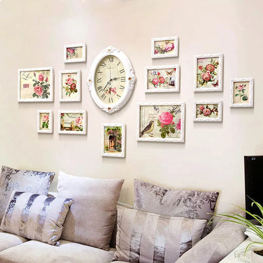 Elegant European Style White Wall Decor Set with Clock and Photo Frames
