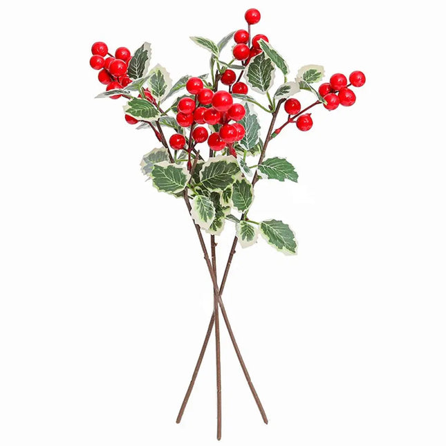 Artificial Red Berry Picks with Pale-Edged Holly Leaves, Set of 5, 45 cm