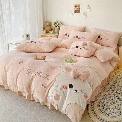 Charming Pink Bunny Applique Fleece Bedding Set - Duvet Cover, Fitted Sheet, Bed Skirt & Pillowcases