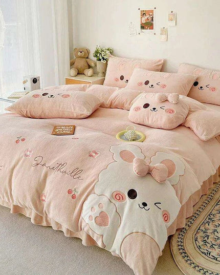 Charming Pink Bunny Applique Fleece Bedding Set - Duvet Cover, Fitted Sheet, Bed Skirt & Pillowcases