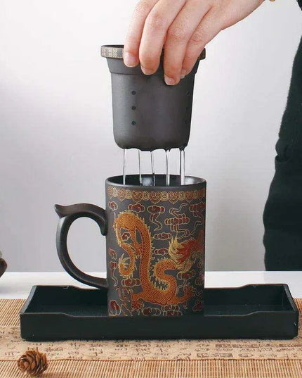 Handcrafted Purple Clay Dragon Teacup with Strainer & Lid - Unique Yixing Zisha Mug