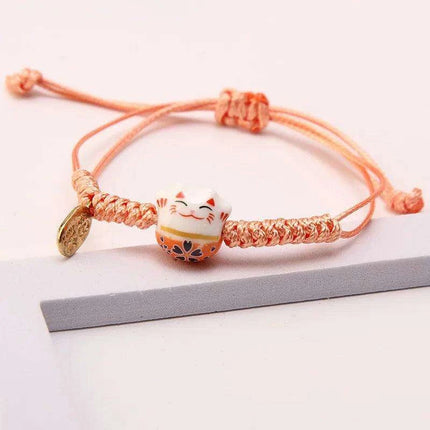 Whimsical Rainbow Braided Lucky Cat Bracelet - Adjustable Ceramic Good Fortune Jewelry