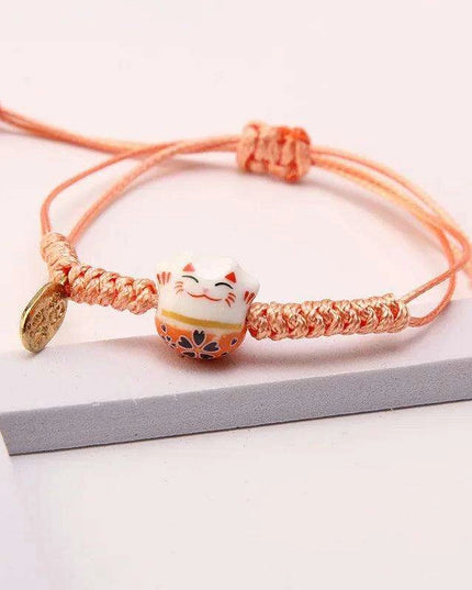 Whimsical Rainbow Braided Lucky Cat Bracelet - Adjustable Ceramic Good Fortune Jewelry