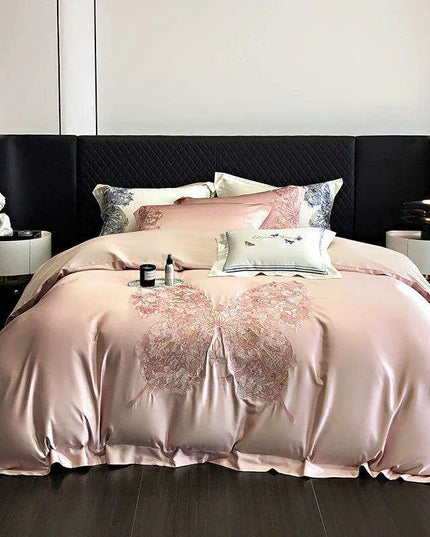 Luxurious Butterfly Embroidery Satin Silk Cotton Bedding Set - Silky Brocade Duvet Cover, Bed Sheet & Pillowcases (4 Piece Collection)
