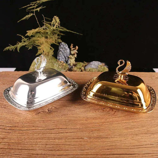 Swan-Inspired Stainless Steel Serving Platter with Protective Lid