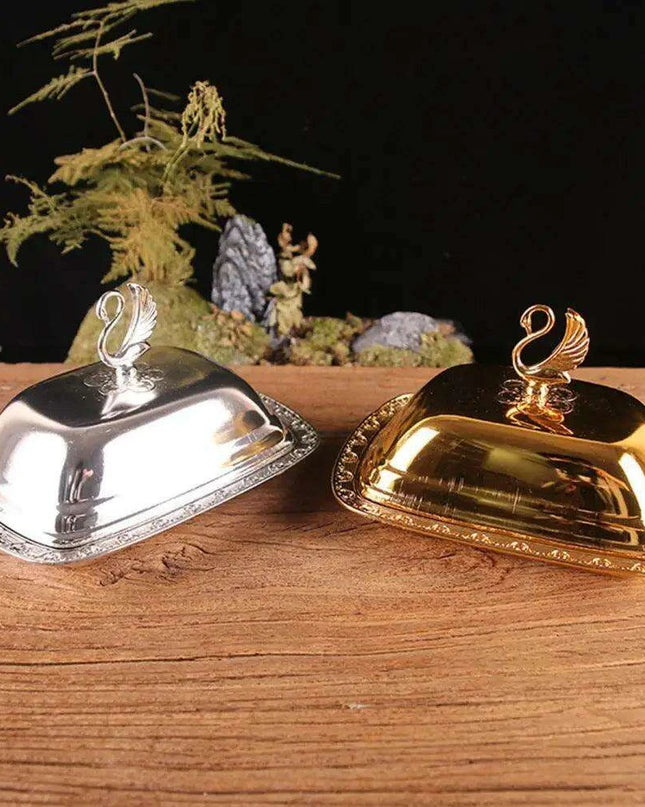 Swan-Inspired Stainless Steel Serving Platter with Protective Lid