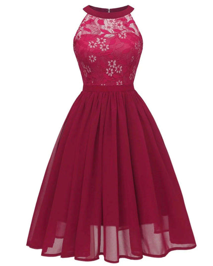 Chic Halter Neck Lace Chiffon Cocktail Dress for Summer Celebrations