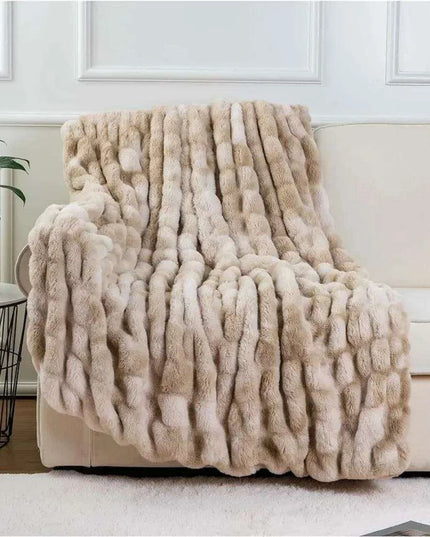 Cozy Beige Ruched Faux Fur Throw - Luxurious Reversible Mink Fleece