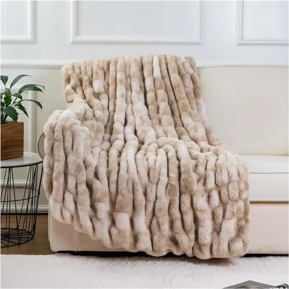 Soft Beige Faux Fur Throw Blanket with Ruched Design - Reversible Mink Fleece