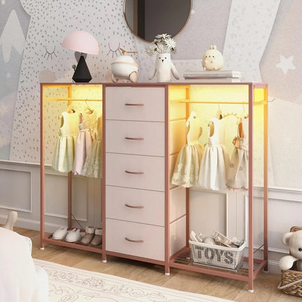 5-Drawer Storage Dresser with Clothes Rails, RGB LED Lights & Charging Station