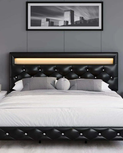 LED-Enhanced White Smart Bed Frame with Adjustable Crystal Tufted Headboard