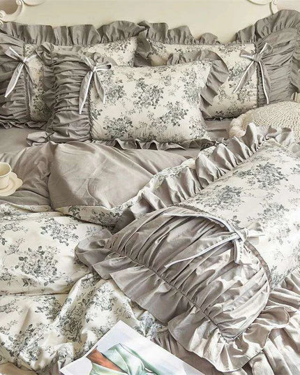 Elegant Vintage Floral Lace Ruffle Cotton Bedding Set with Duvet Cover, Bed Sheet, and Pillowcases