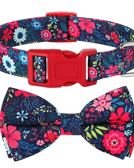 Floral Patterned Adjustable Dog Collar with Bowknot - Padded Nylon for All Breeds