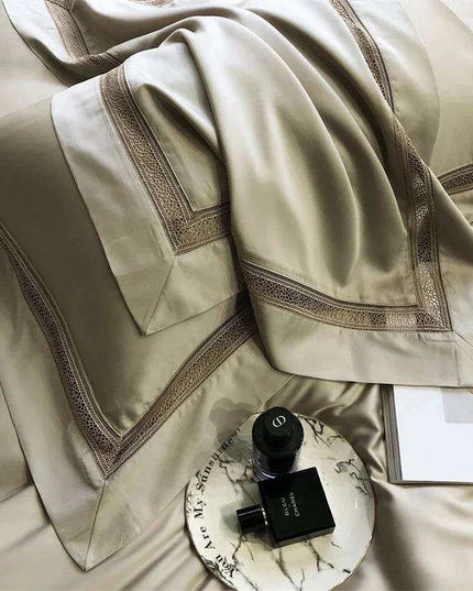 Sumptuous 1000TC Egyptian Cotton Bedding Ensemble with Elegant Hollow Lace - Duvet Cover, Flat & Fitted Sheets, Pillowcases for Queen & King Beds