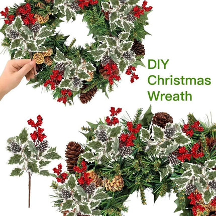 Artificial Red Berry Picks with Pale-Edged Green Leaves, 45 cm, Set of 5