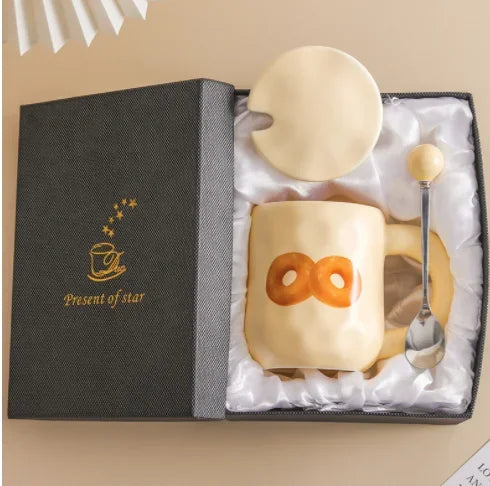 Cute Cartoon Ceramic Mug Set with Spoon and Lid