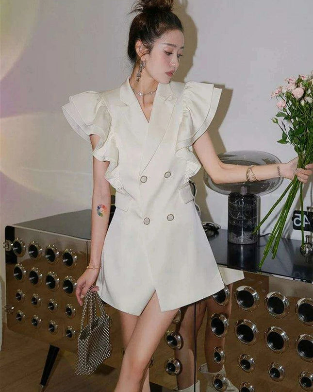 Notched Button Mini Dress with Ruffled Sleeves - Women's Summer Evening Wear