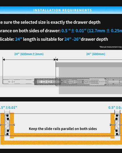 24" Premium Galvanized Steel Push-to-Open Drawer Slides - Heavy-Duty Pair for Cabinetry