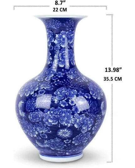Handcrafted Blue and White Peony Porcelain Vase - Elegant Design with Optional Rotating Stand