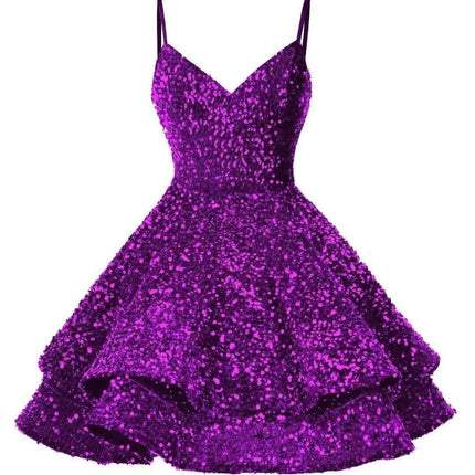 Sparkling Tiered Sequin Spaghetti Strap Short Cocktail Dress for Young Women