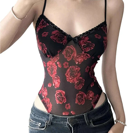 Floral Lace Backless Mesh Bodysuit with Spaghetti Straps and Bow Detail for Women