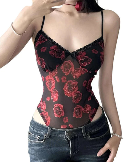 Floral Lace Backless Mesh Bodysuit with Spaghetti Straps and Bow Detail for Women