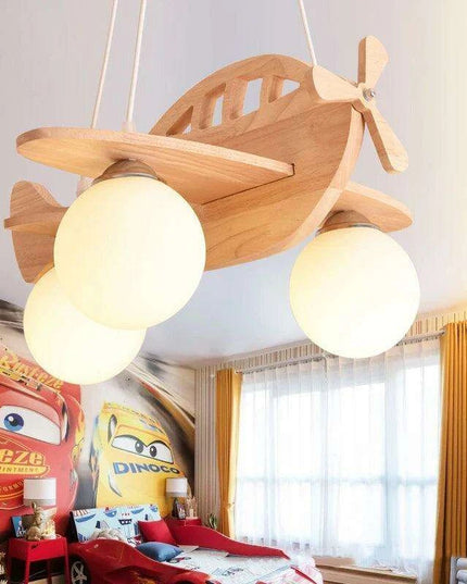 Whimsical Airplane LED Chandelier for Kids' Rooms - Playful Wooden Pendant Light