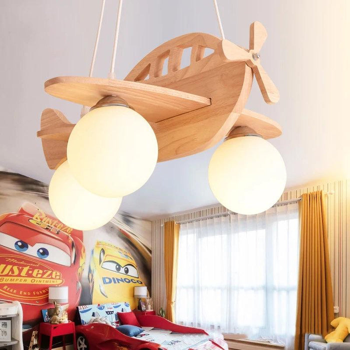 Wooden Airplane Hanging Light Fixture for Children's Room - LED Pendant Lamp