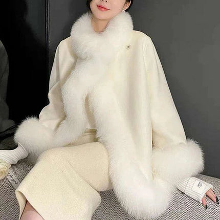 Chic White Wool Cape with Genuine Fox Fur Embellishments - Women's Fashion Outerwear