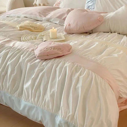 Adorable Heart-Shaped Washed Cotton Bedding Set - 4/5 Piece Duvet Cover, Sheet & Pillowcases for Girls