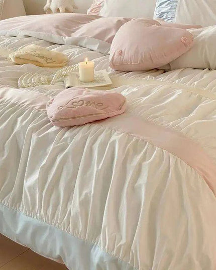 Adorable Heart-Shaped Washed Cotton Bedding Set - 4/5 Piece Duvet Cover, Sheet & Pillowcases for Girls