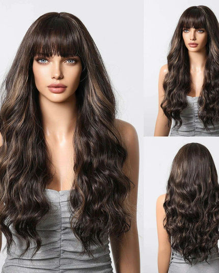 30-Inch Brown Wavy Synthetic Wig with Bangs - Perfect for Parties and Themed Events